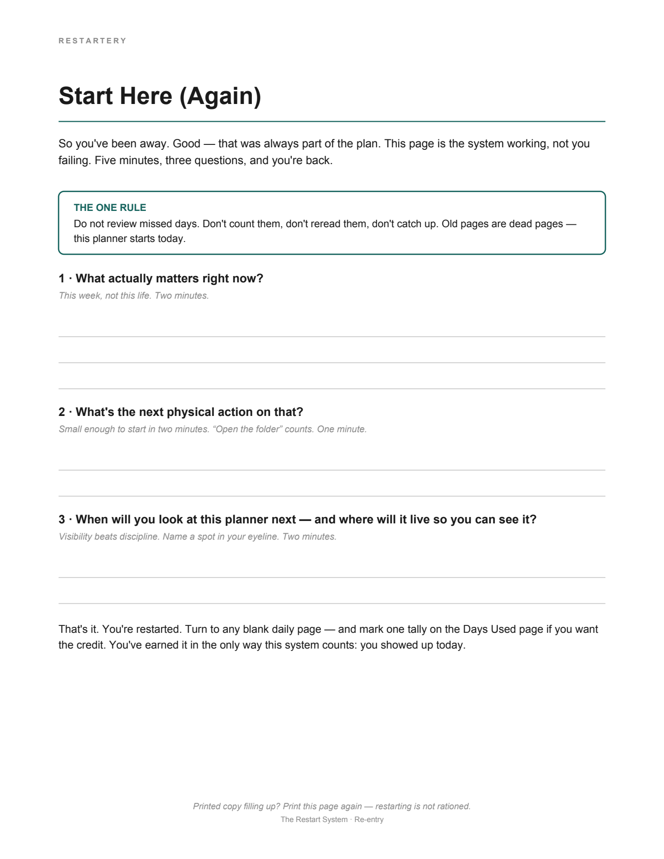 The Start Here (Again) re-entry page from The Restart System: three questions and the printed rule 'Do not review missed days.'